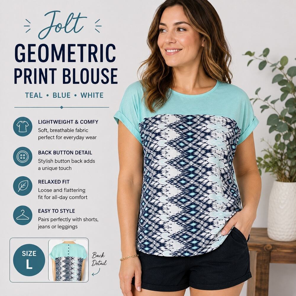 Jolt Womens Blouse Teal Blue White Geometric Print Short Sleeve Pullover Top Lar